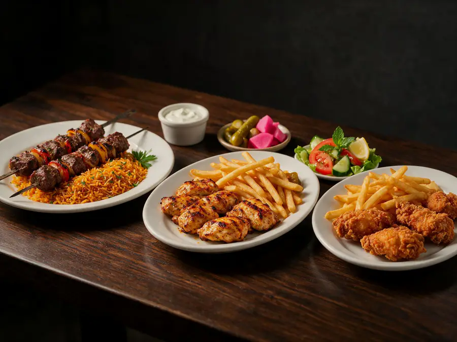صحن كبير من مطعم البيت الشامي يضم قطع اللحم مع الأرز الأخضر المتبّل والكاجو المحمّص.